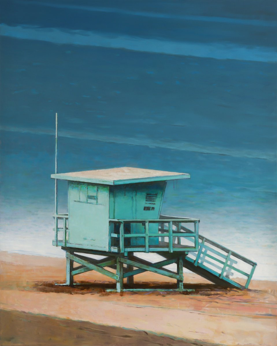 Impressionistic Landscape Oil Painting By Bo Kravchenko, 48 X 60, Turquoise Lifeguard Tower, Original Artwork