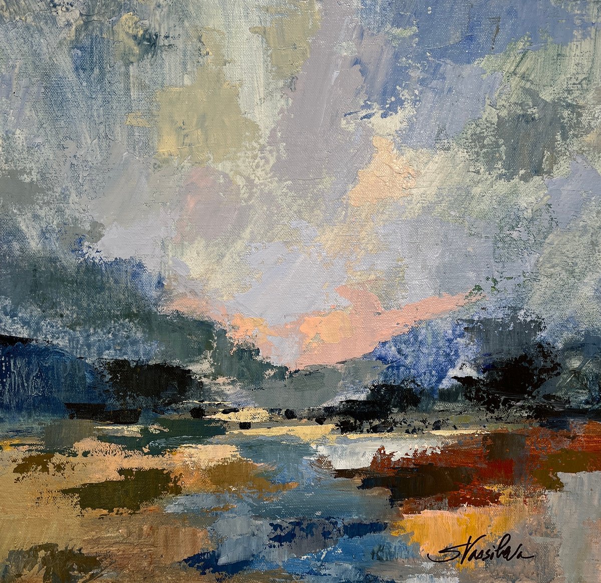 Impressionistic Landscape Acrylic Painting By Silvia Vassileva, 15 X 15", Blue Vista I, Original Artwork