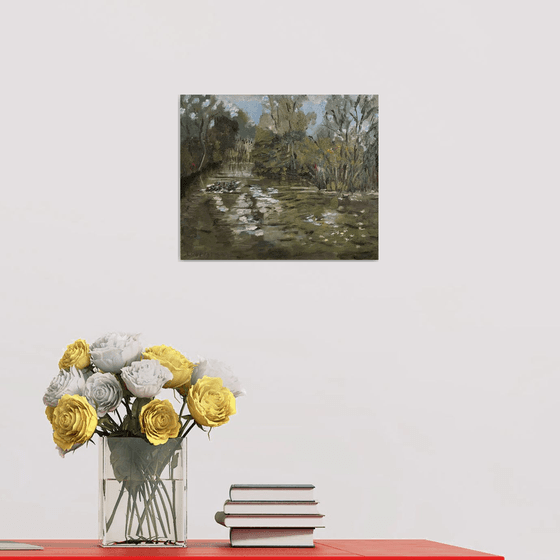 Mallard ducks at play, an original oil painting.