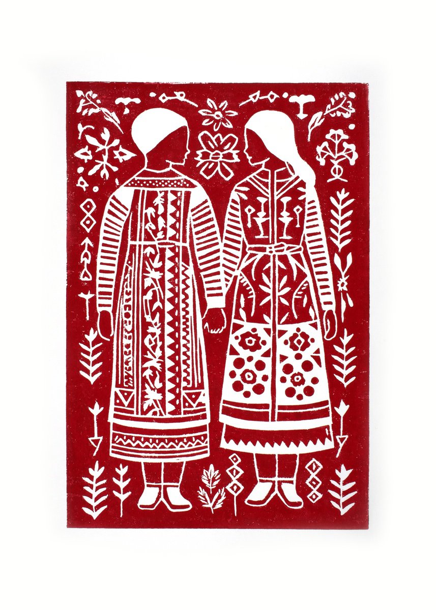 Graphic Portrait Linocut By Kosta Morr, 12 X 17", Friendship Red, Original Artwork