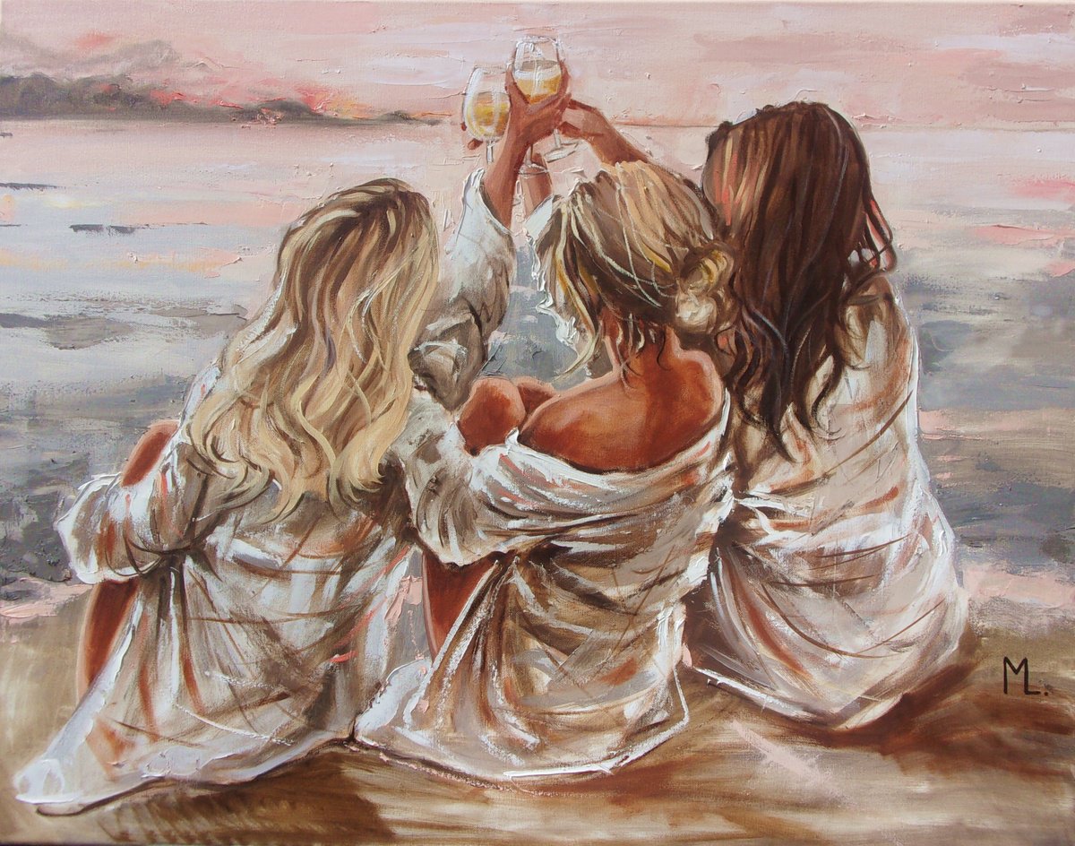Expressive Portrait Oil Painting By Monika Luniak, 35 X 28", " Girls Party Aperol Beach ", Original Artwork