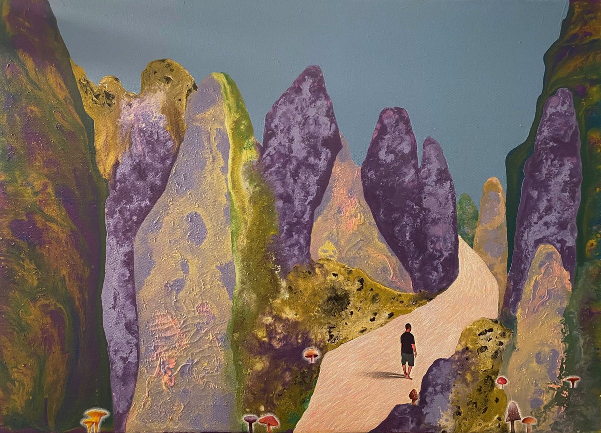 Surrealistic Landscape Painting By Stefano Pallara, 28 X 20", Stepping Outside Myself N.14, Original Artwork