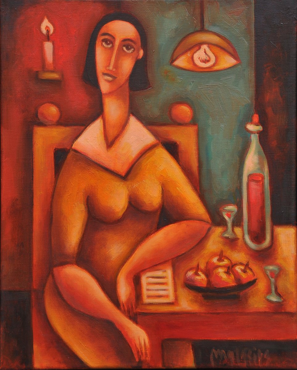 Surrealistic Portrait Oil Painting By Malasits Zsolt, 16 X 20", Waiting For Love 5., Original Artwork