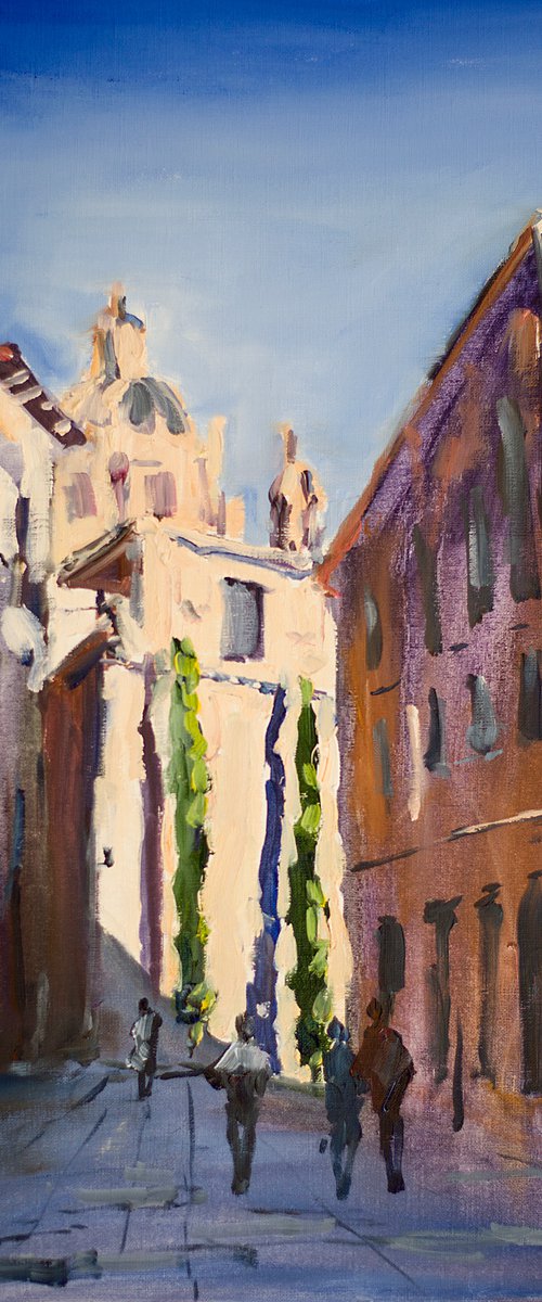 Salamanca. View of Clerecia. Original oil. Medium size original street landscape spain catilla y leon architecture sunlite dramatic old town travel by Sasha Romm