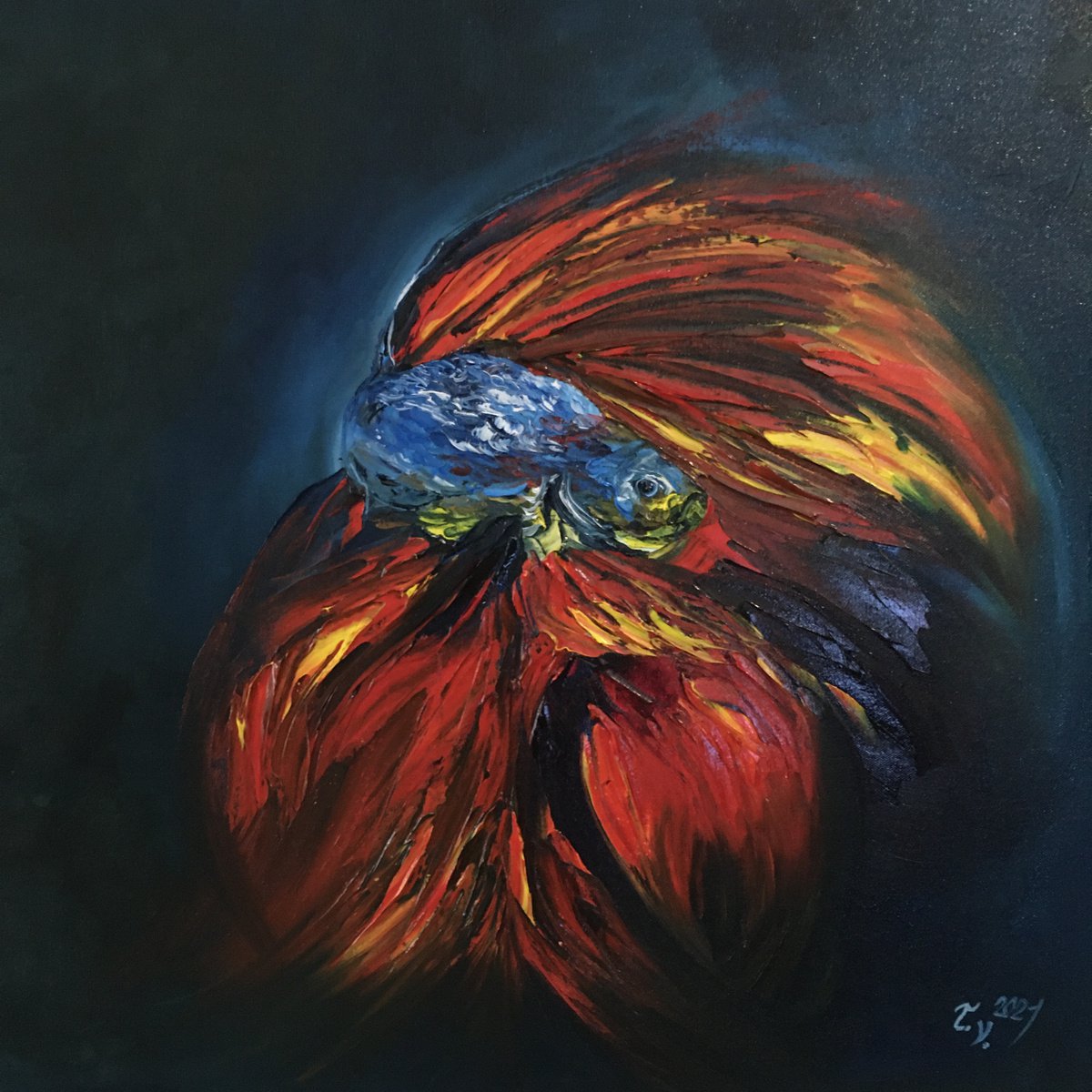 Impressionistic Animal Oil Painting By Timea Valsami, 24 X 24", Killer Fish, Original Artwork