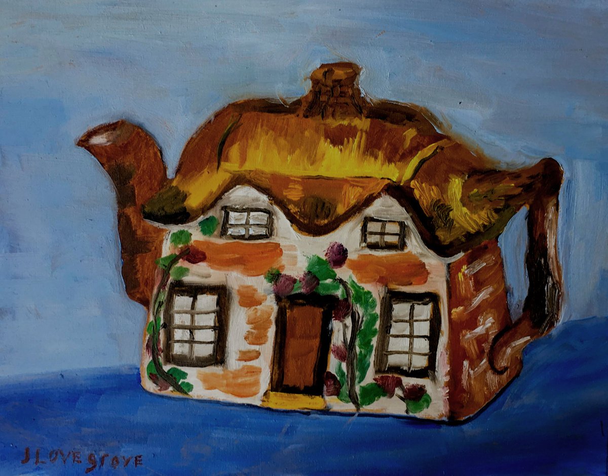 Antique Cottage Teapot - An original still life Painting by Julian Lovegrove Art