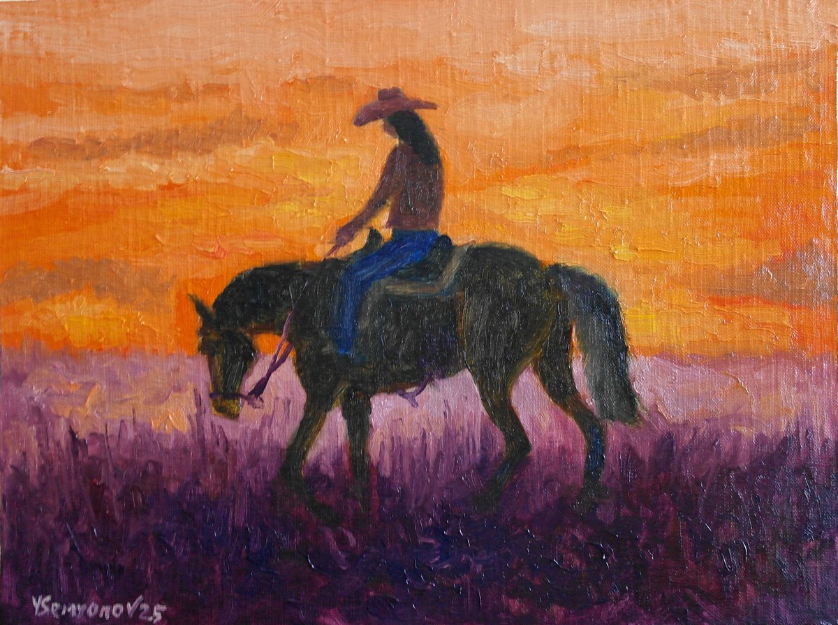 Impressionistic Portrait Oil Painting By Juri Semjonov, 16 X 12", Cowgirl At Sunset, Original Artwork
