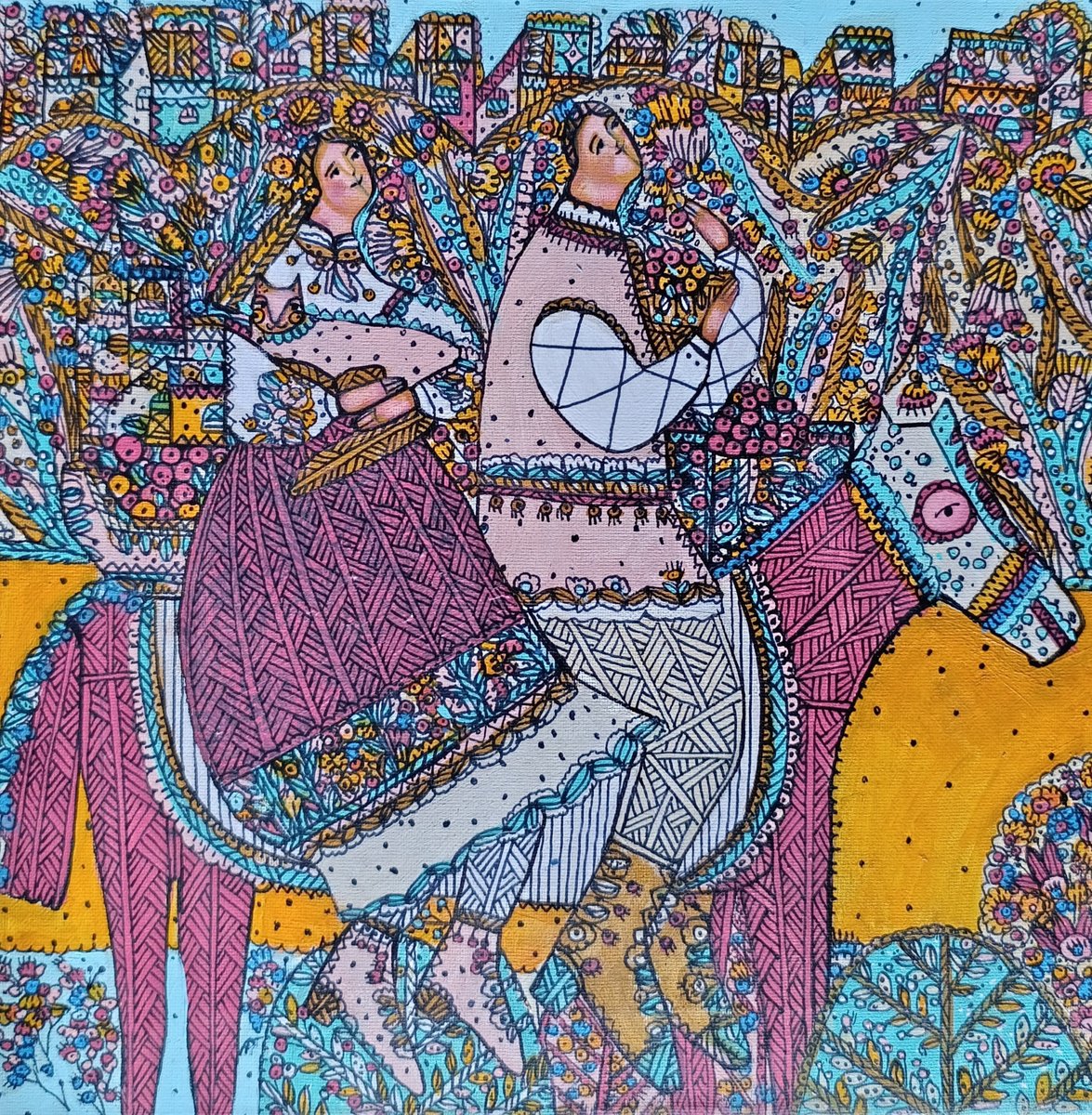 Naive Portrait Acrylic Painting By Tetiana Osadchuk, 12 X 12", A Wonderful Journey, Original Artwork