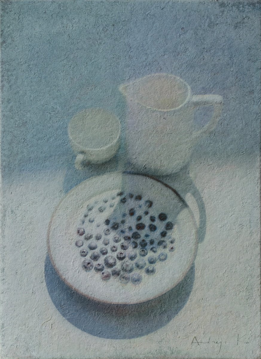 Photorealistic Still Life Acrylic Painting By Andrejs Ko, 16 X 22, Sunlit Blueberry Dessert, Original Artwork