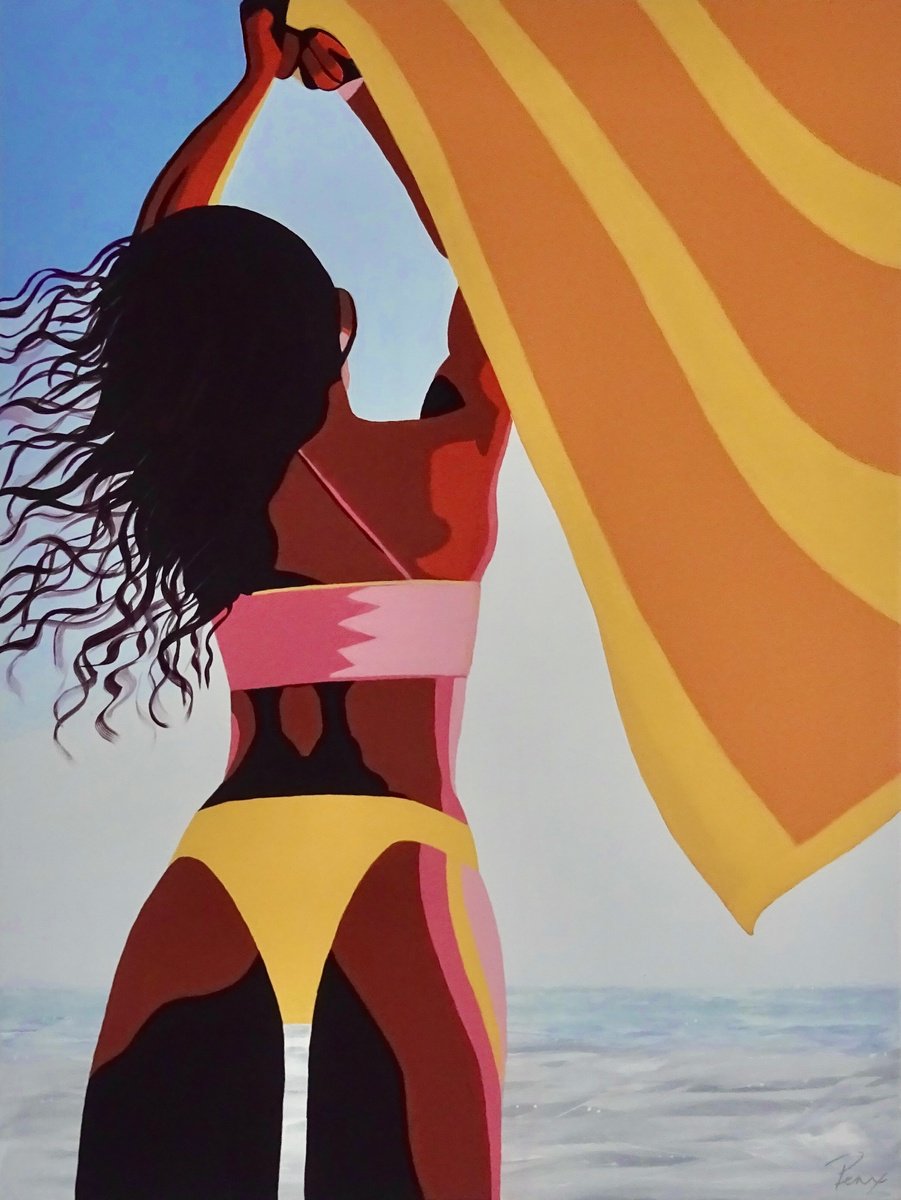 Expressive Portrait Acrylic Painting By Penny Burton, 24 X 31", Windy Beach 2, Original Artwork