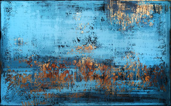 DOWN BY THE SEA - 100 x 160 CM - TEXTURED ACRYLIC PAINTING ON CANVAS * PETROL BLUE * GOLD