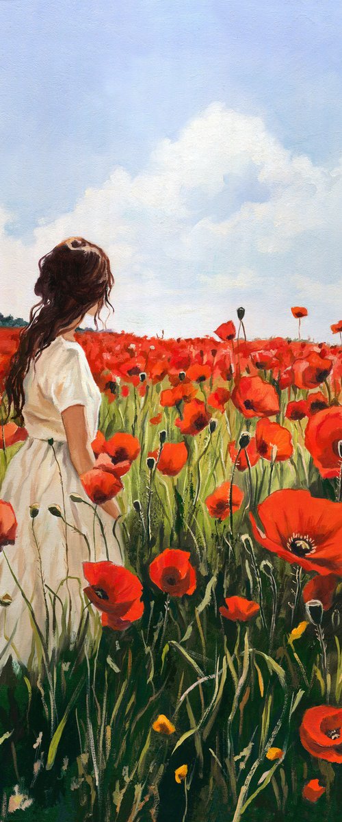 Woman in a red poppy field by Lucia Verdejo