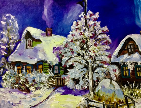 Winter evening, village landscape,  oil painting