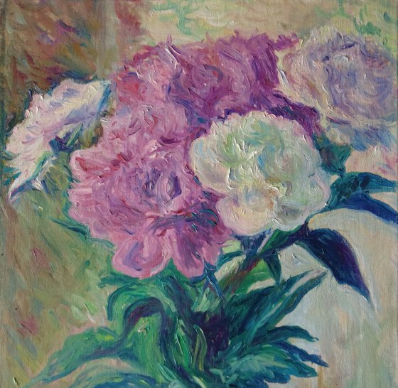 Peonies in a tall vase