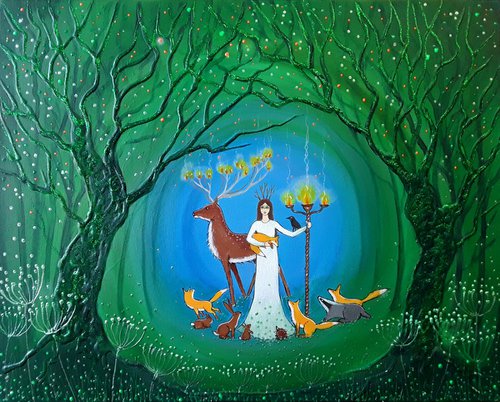 Bringers of Light - Goddess Painting - Mystical Art - Enchanted Forest - Woodland Animals - Pagan Art by Angie Livingstone