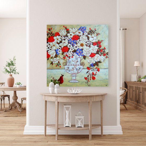 Blooms with Ivory Vase and Pear