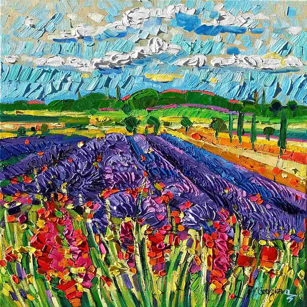 Expressive Landscape Oil Painting By Vanya Georgieva, 20 X 20", Pastel Day, Original Artwork