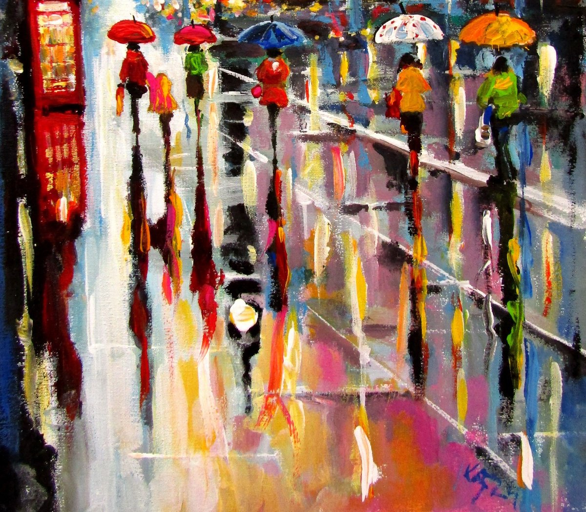 Impressionistic Cityscapes Acrylic Painting By Kovacs Anna Brigitta, 10 X 14", London In The Rain, Original Artwork