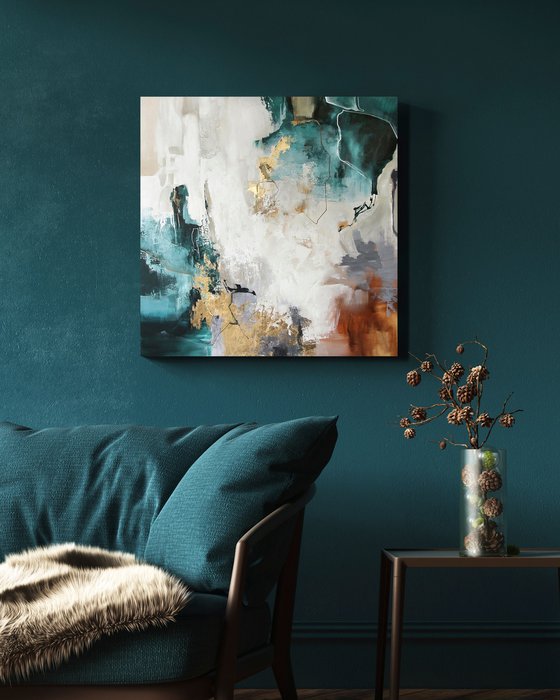 "Teal Flood" Teal gold abstract acrylic art
