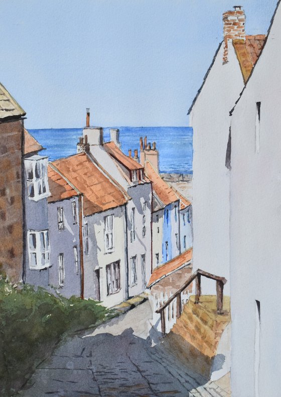 Watercolour painting of Church Street, Staithes, Yorkshire, England