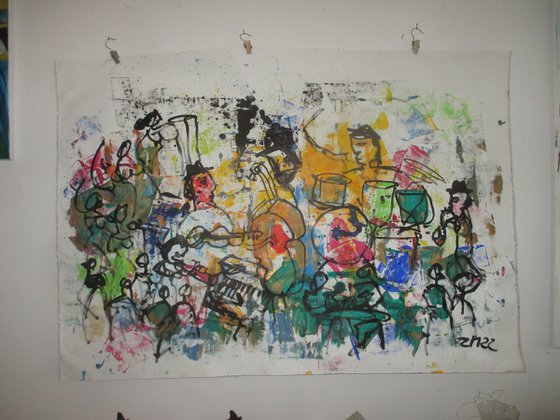 colourful music-scene - jazz  xxl on canvas, not stretched