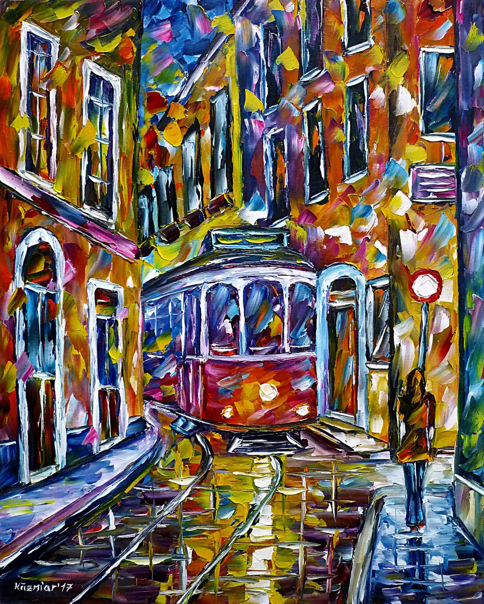 Expressive Cityscapes Oil Painting By Mirek Kuzniar, 16 X 20", Tram In Lisbon Ii, Original Artwork