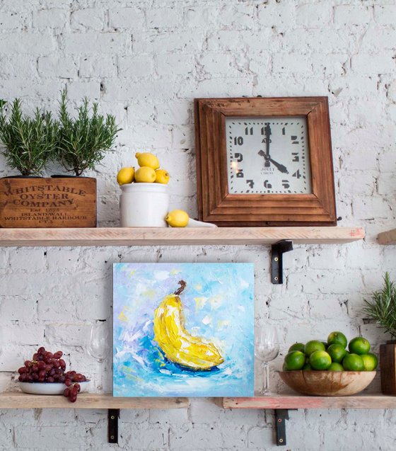 Banana Painting Still Life Original Art Kitchen Fruit Wall Art Vegan Artwork Small Oil Painting