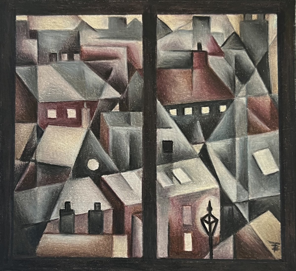 Geometric Cityscapes Pencil Drawing By Tiffany Budd, 10 X 9", Through The Window, Original Artwork