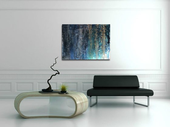 Waterfall blue turquoise gold abstract oil  painting