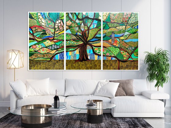 Huge green abstract painting Tree of life. Large abstract wall art