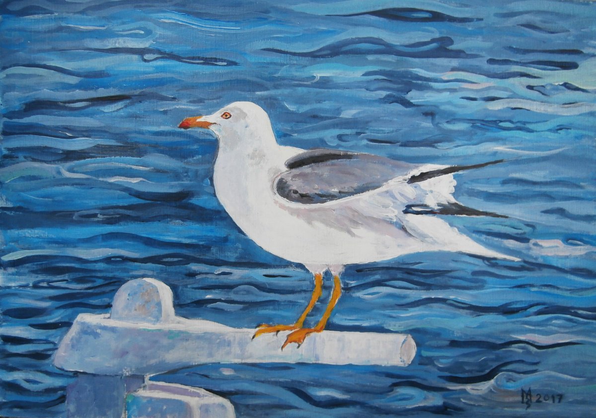 Impressionistic Animal Acrylic Painting By Zoran Mihajlovic Muza, 14 X 10", Captain Seagull, Original Artwork