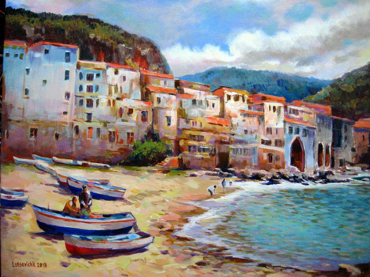 Impressionistic Landscape Acrylic Painting By Vladimir Lutsevich, 20 X 16", City By The Sea, Original Artwork