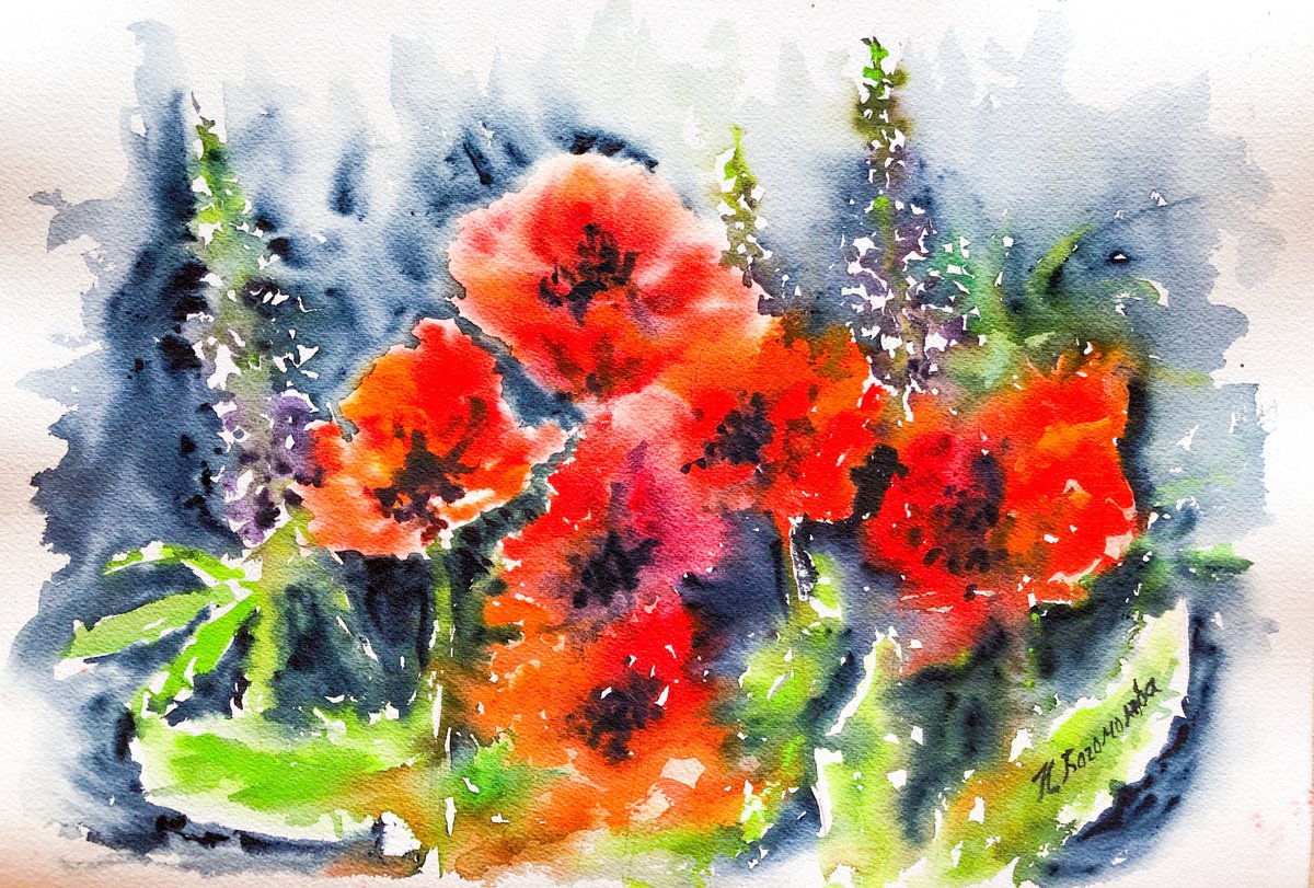 Red poppies blossom - expressive flower composition by Nadezhda Bogomolova