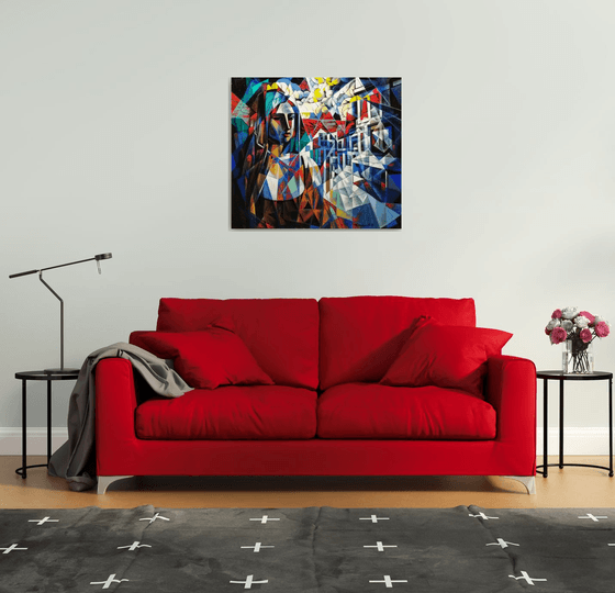 Waiting (90x80cm, cubism, oil painting, ready to hang)
