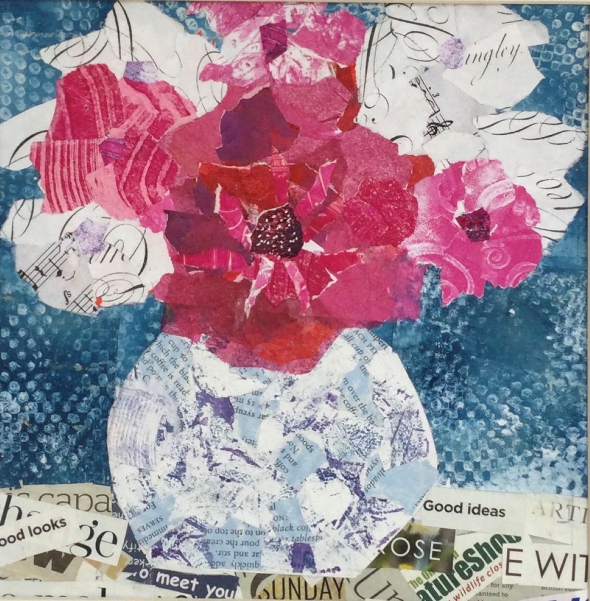 Botanical Collage By Dee Evans, 16 X 16, Sunday Rose, Original Artwork
