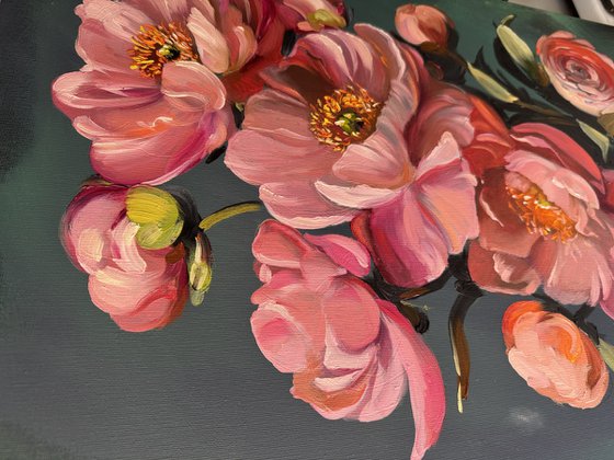 Dramatic Pink Peonies on Dark Teal