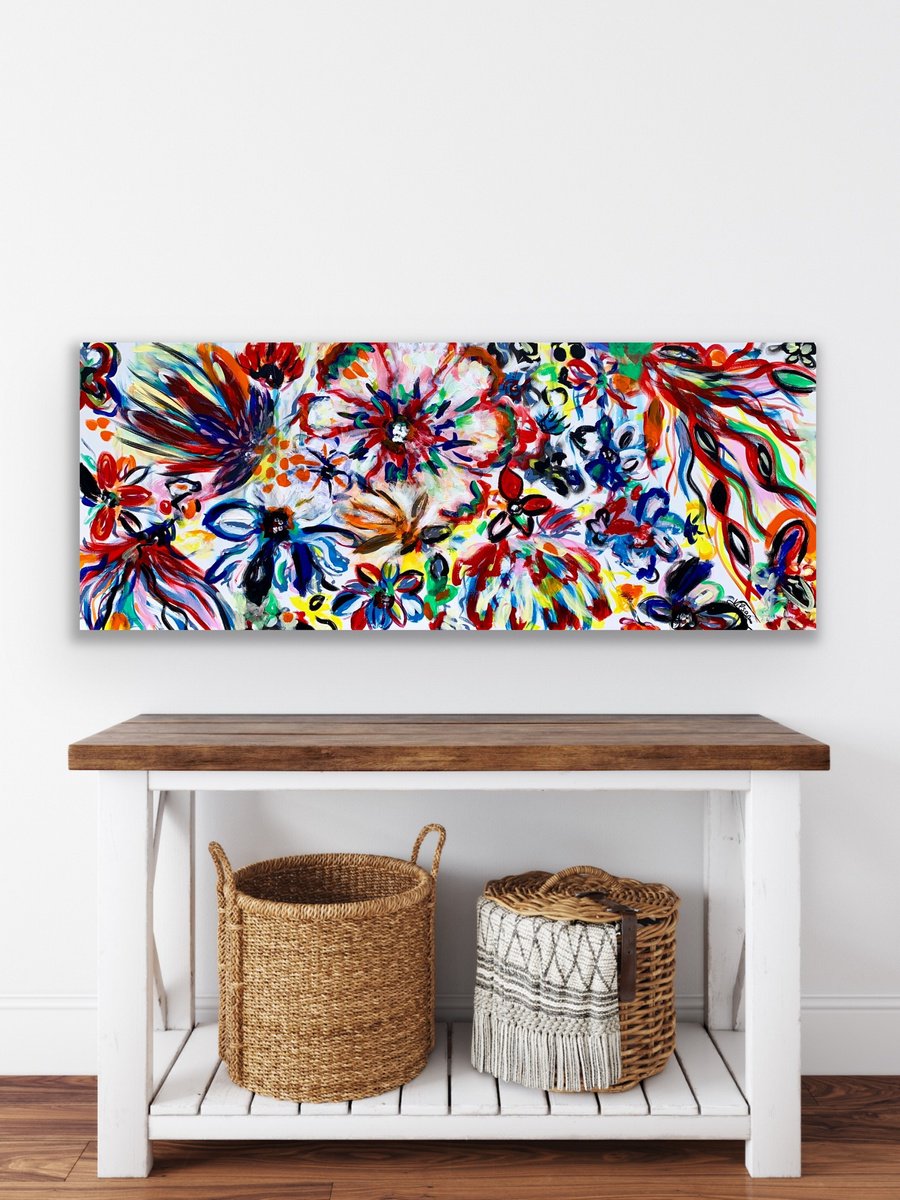 Organic Botanical Acrylic Painting By Veronica Vilsan, 59 X 24", Garden Of Joy 54, Original Artwork