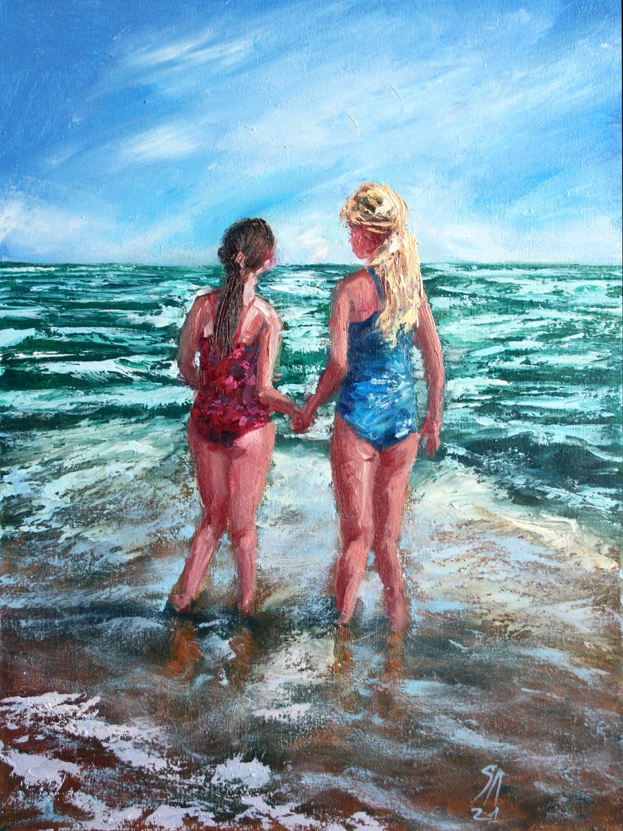 Girlfriends, Sea, Summer By Salana Art / Svetlana Samovarova, 12 X 16, Artwork For Sale On Artfinder