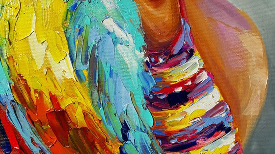 African woman - oil painting, Africa, african woman, woman oil painting, parrots, original oil painting