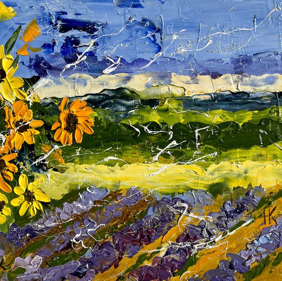 Sunflower Painting Lavender Original Art Ukraine Impasto Oil Landscape Artwork Floral Wall Art 10 by 10 in