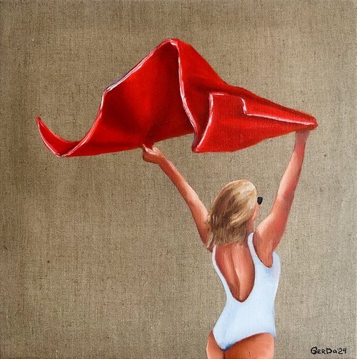 Girl with Red Towel - Woman on Beach Female Figure Painting by Daria Gerasimova