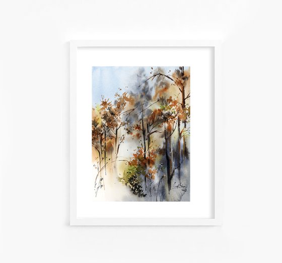 Forest Landscape Nature Watercolor Painting, Trees Painting