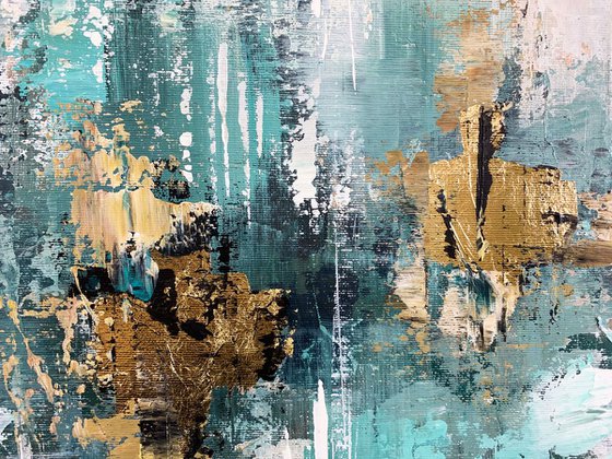 Mint Veil - Abstract Painting 60" x 40" Large Abstract Gold Leaf Soft Colors White Gray Painting