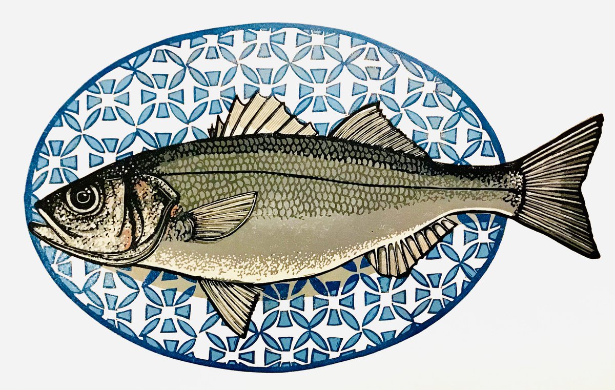 Sea bass linocut print - nine colours by Ieuan Edwards