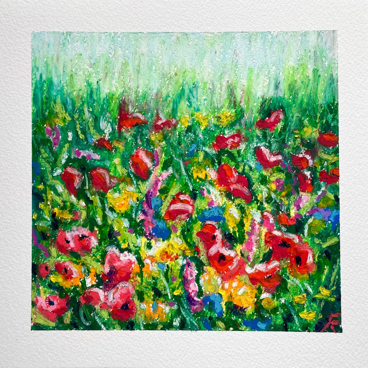 Flowers Original Oil Pastel Painting, Poppy Field Drawing, Cottagecore Decor, Gifts for He... by Kate Grishakova