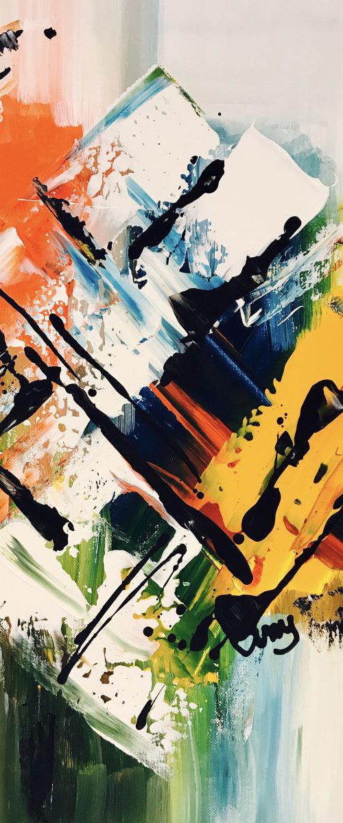 Abstract in Blue, orange, yellow, white, black by Tiny de Bruin