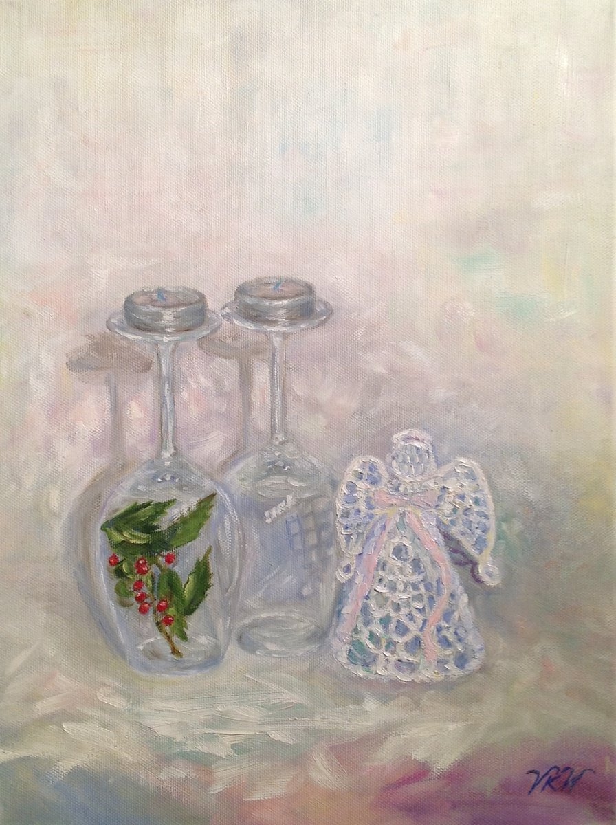 Impressionistic Still Life Oil Painting By Vera Klimova, 12 X 16", Light Christmas Angel, Original Artwork
