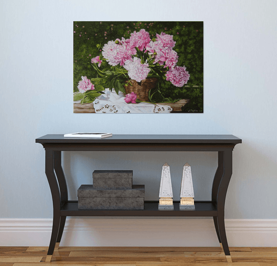 Basket of Pink Peonies