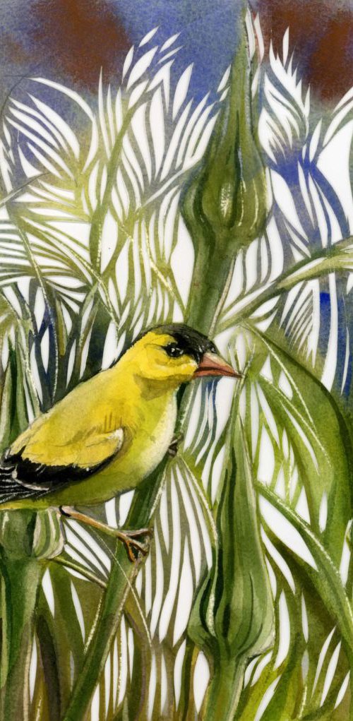 Golden finch watercolor with paper cut by Alfred  Ng