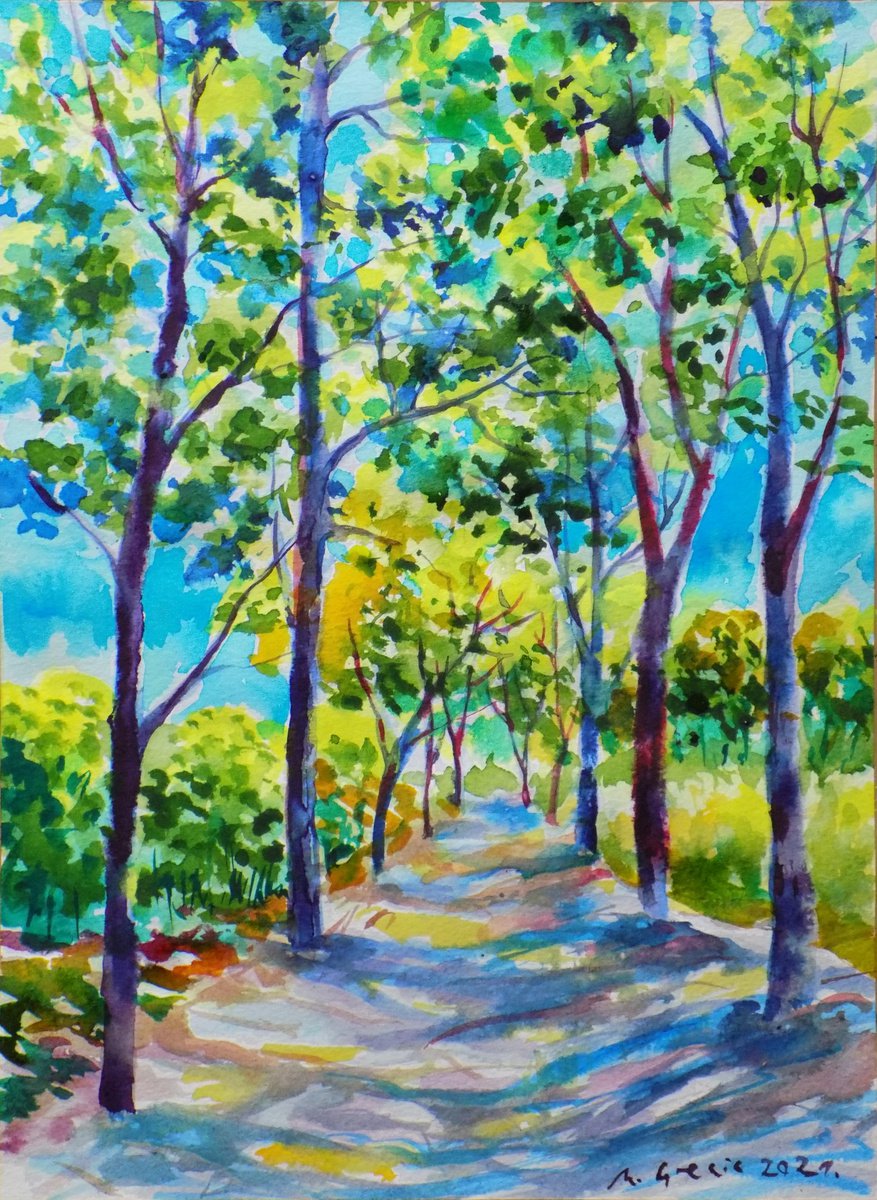 Impressionistic Watercolour , Forest Path Xviii By Maja Grecic, 11 X 15, Artwork For Sale On Artfinder